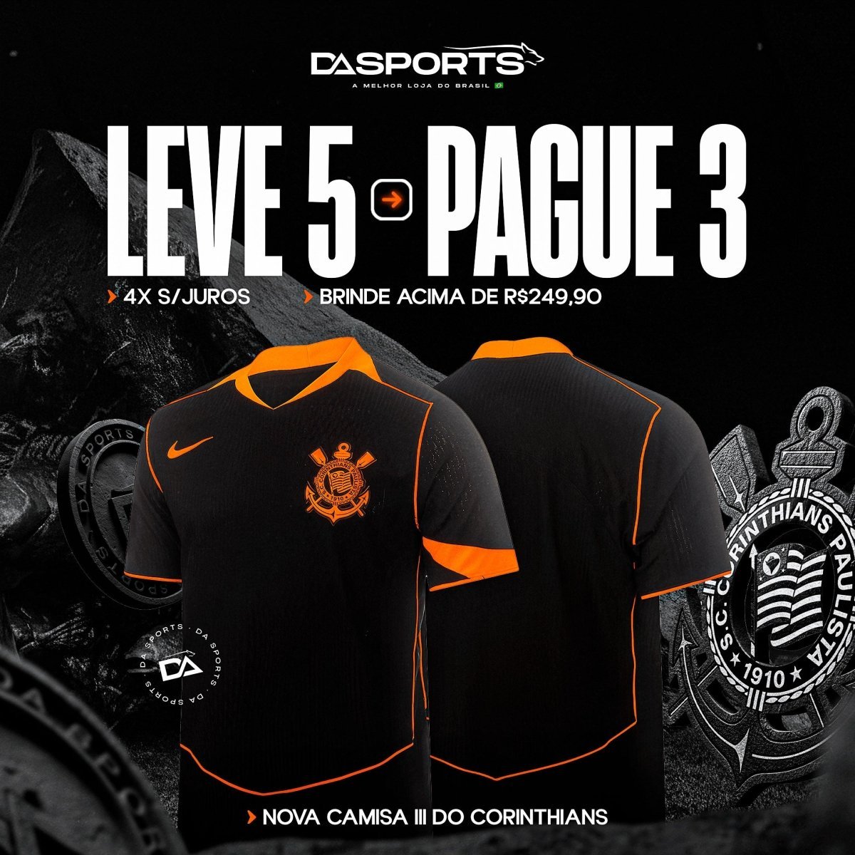 Camisa Corinthians (Total 90) III 2025 - Preta e Laranja - Masculina - Torcedor - Imagem 3
